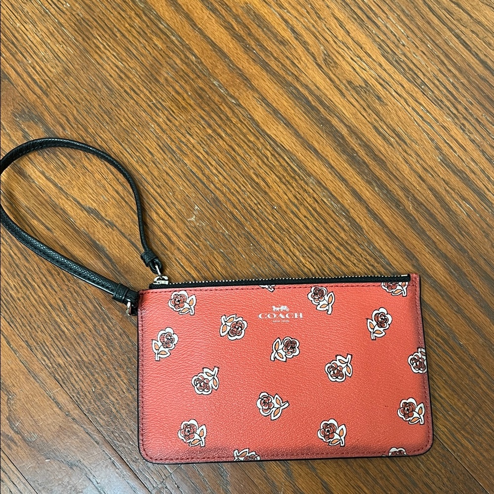 Coach Red Floral Wristlet with Black Strap